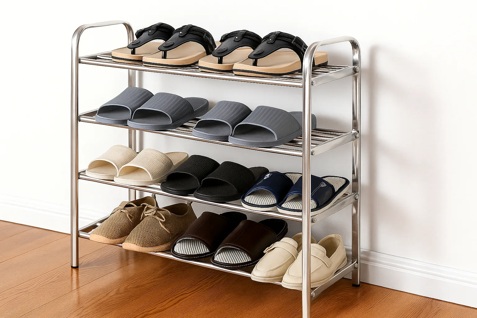 Modern steel shoe rack with multiple shelves for neatly organizing footwear in homes or shops.