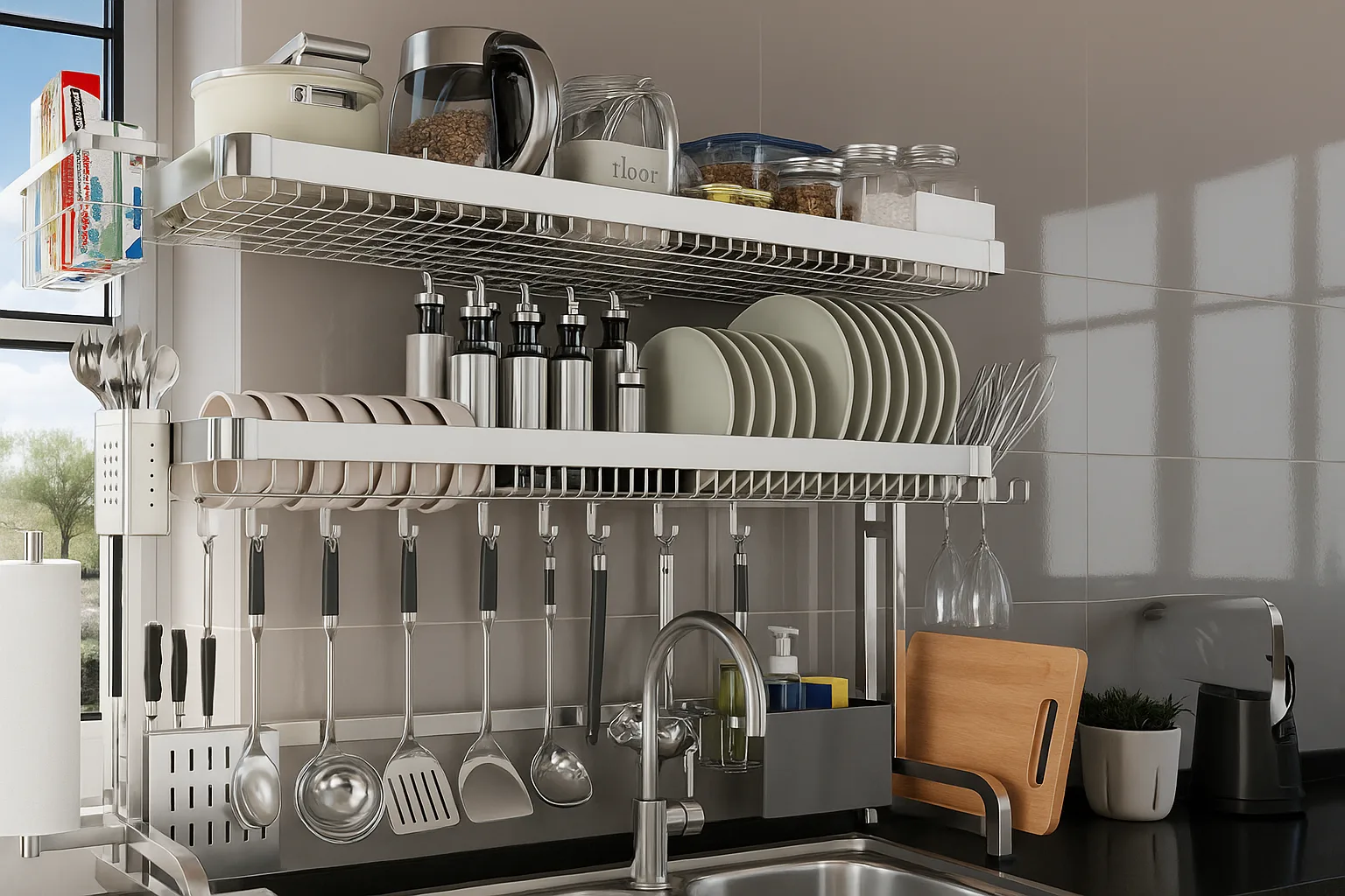 ss kitchen rack with multiple tiers for storing utensils, plates, and kitchen accessories in an organized manner.